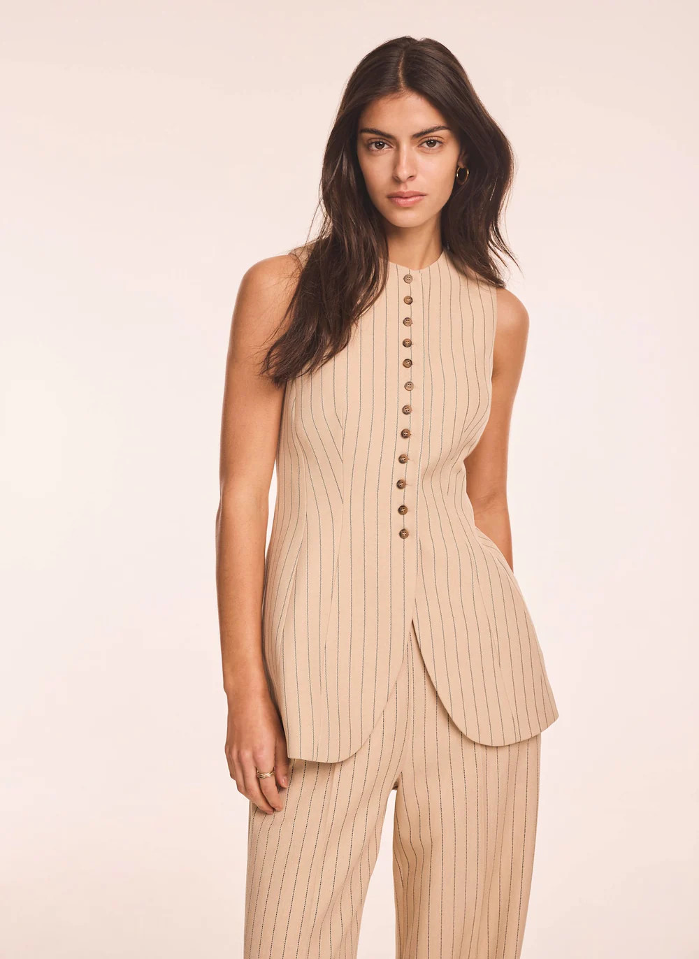 Neutral Pinstripe Longline Waistcoat | Mint Velvet