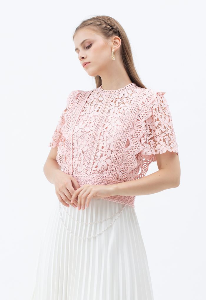 Lush Leaves Crochet Top in Pink | Chicwish