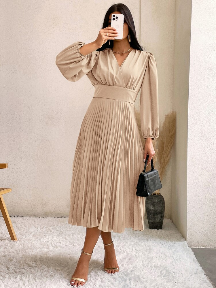 Surplice Neck Bishop Sleeve Pleated Hem Dress | SHEIN