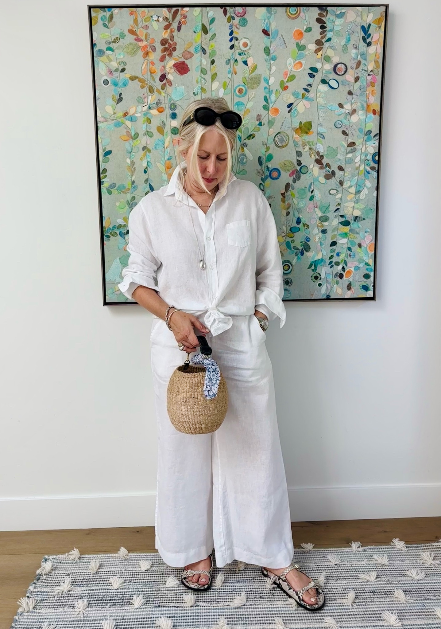 I love this linen set ! These are so great for travel.. The pants darling over a swimsuit or with a cotton sweater.. The top can do double duty as a jacket and with shorts. I’ll be wearing this to dinners and taking it to Hawaii this summer. 
#FrankandEileenPartner
#WearLoveRepeat