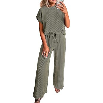 KIRUNDO 2 Piece Sets for Women Dressy Casual Ribbed Knit Short Sleeve Tops Wide Leg Pants Lounge ... | Amazon (US)