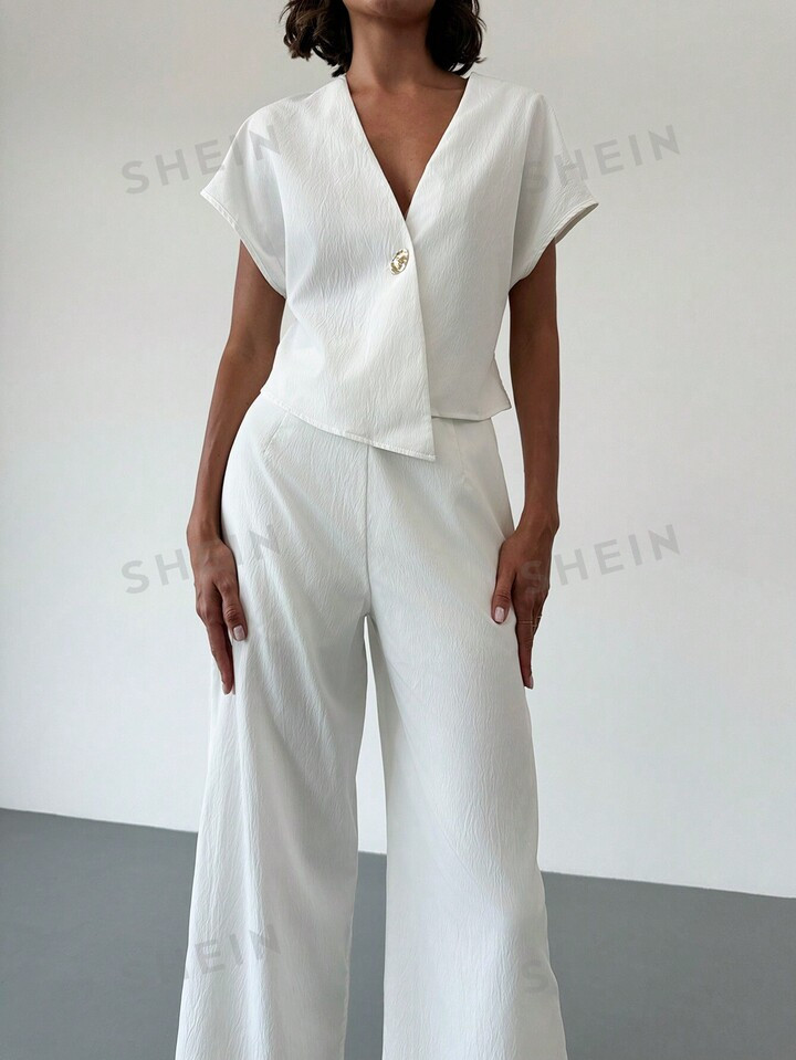 SHEIN Privé 1 Set Women's V-Neck Asymmetric Hem Waisted Metal Decor Simple Commuter Shirt + Wide... | SHEIN