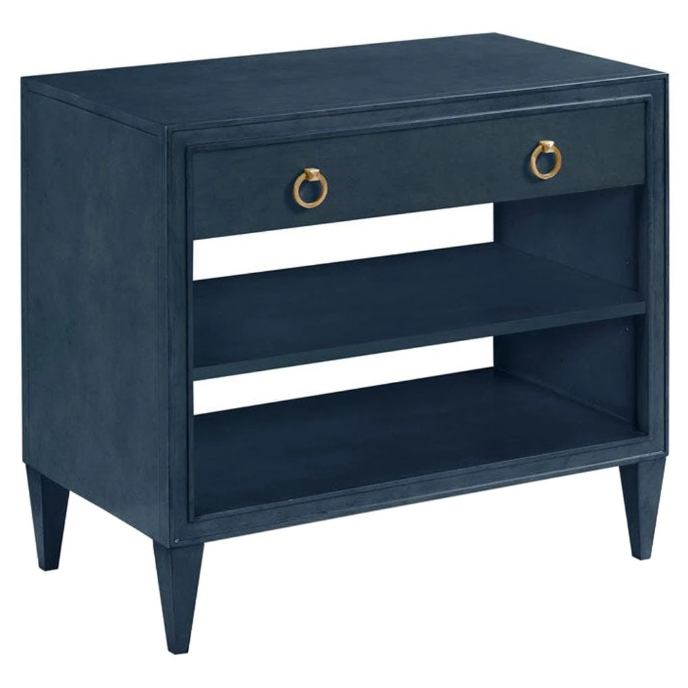 Ramsey Rustic Lodge Navy Blue Oak Brass Pulls 1 Drawer Nightstand | Kathy Kuo Home