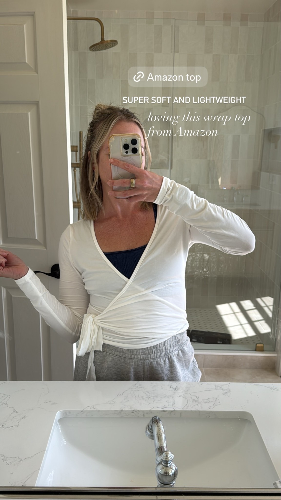 SUPER SOFT AND LIGHTWEIGHT loving this wrap top from Amazon