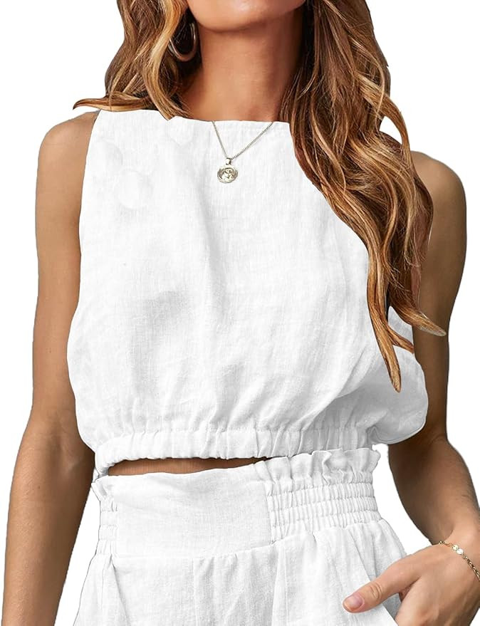 IDEALSANXUN Womens Crop Linen Tank Tops Casual Summer Beach Crewneck Sleeveless Shirts Blouse Ves... | Amazon (US)