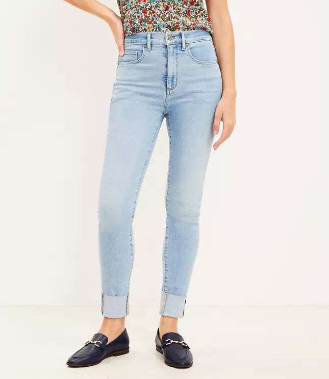 Frayed Cuff Button Front High Rise Skinny Jeans in Light Wash Indigo | LOFT