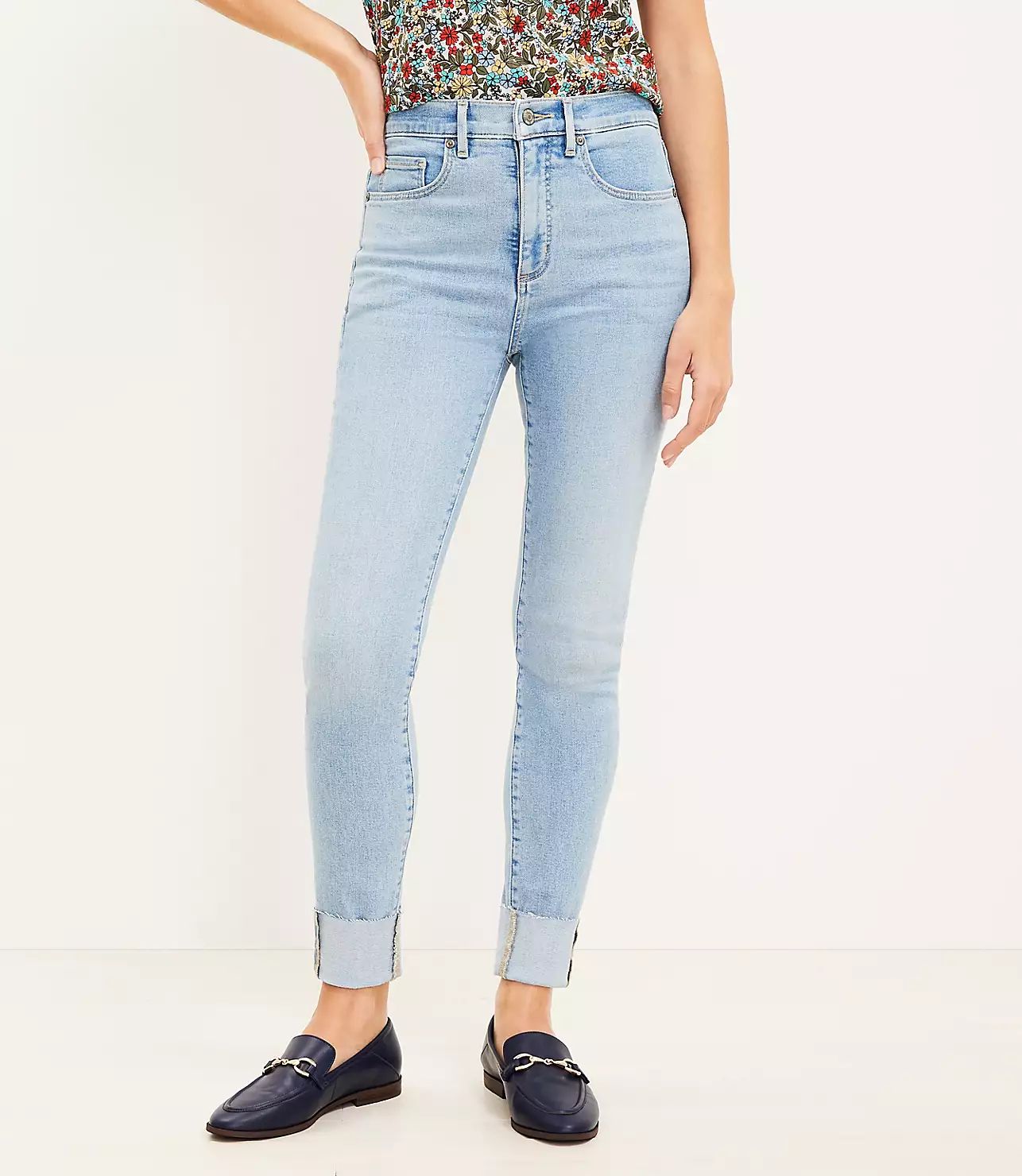 Frayed Cuff Button Front High Rise Skinny Jeans in Light Wash Indigo | LOFT
