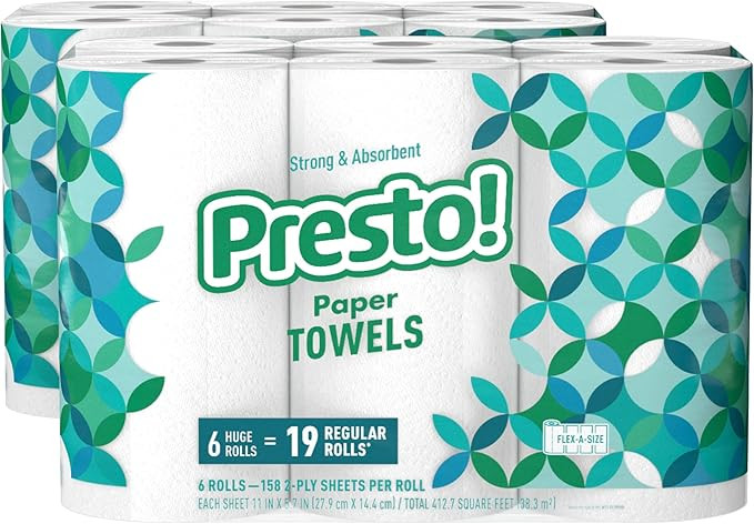 Amazon Brand - Presto! Flex-a-Size Paper Towels, 158 Sheet Huge Roll, 12 Rolls (2 Packs of 6), Eq... | Amazon (US)