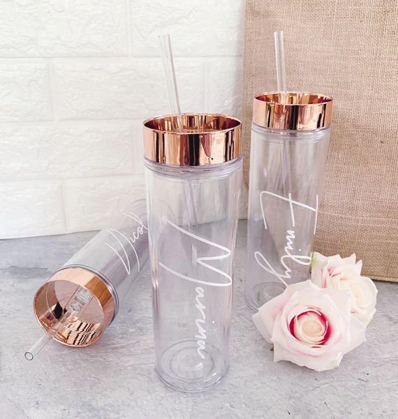 Rose Gold Tumbler with Straw Personalized Bridesmaid Tumblers Set of 5, 7, 4, 8, 6, 9 - choose AN... | Etsy (US)