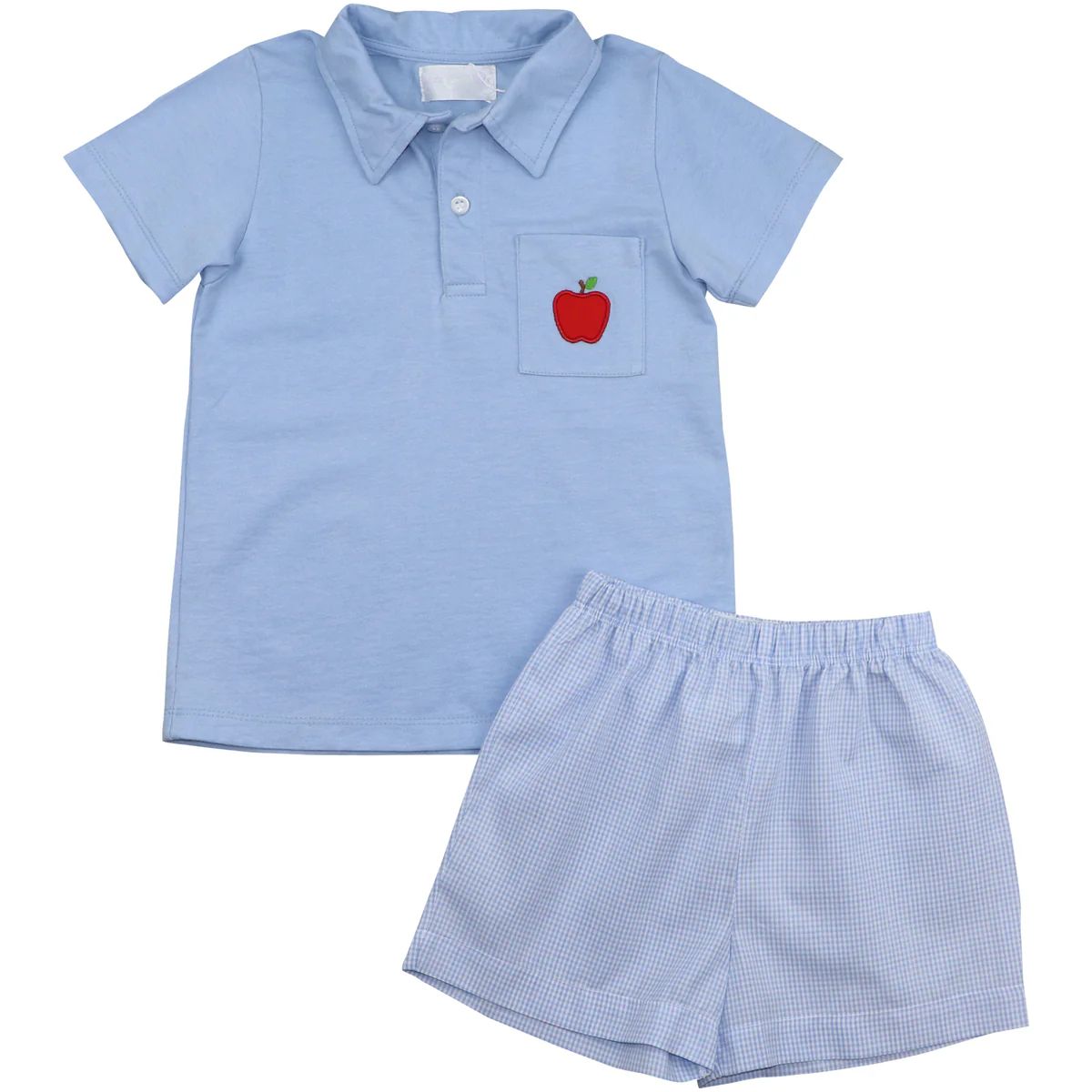 Blue Gingham Embroidered Apple Polo Short Set | Eliza James Kids