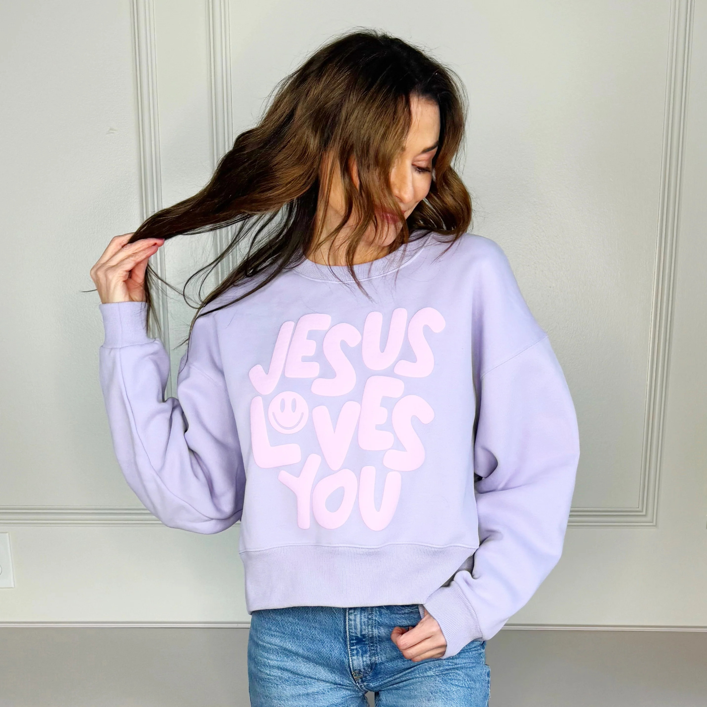 Smiley Jesus Loves You Puff Purple Crop Sweatshirt | Poppy & Pine