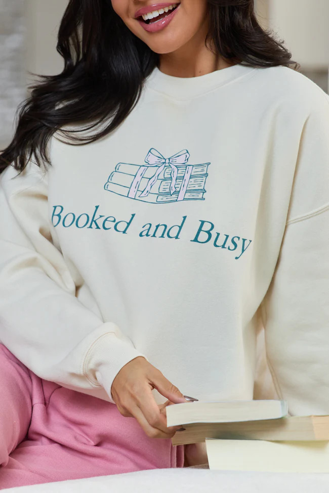 Booked & Busy Cream Graphic Sweatshirt | Pink Lily