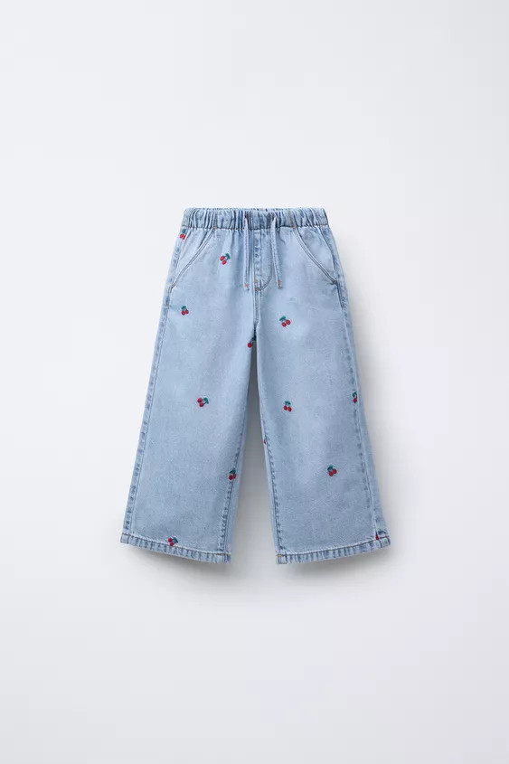 Wide leg jeans with elastic waistband and adjustable front drawstring. Front pockets and embroide... | Zara US