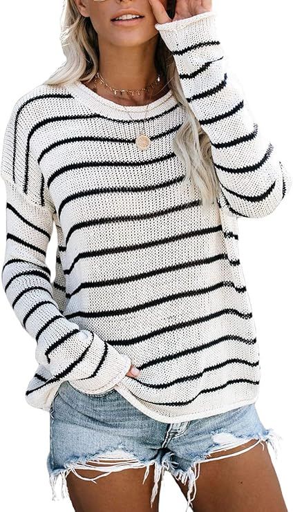 Kaei&Shi Rolled Edges Knit Sweater for Women Striped Sweatshirt Fall Cute Loose Fitting Tops for ... | Amazon (US)