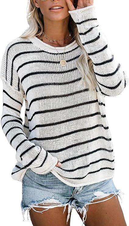 Kaei&Shi Rolled Edges Knit Sweater for Women Striped Sweatshirt Fall Cute Loose Fitting Tops for ... | Amazon (US)