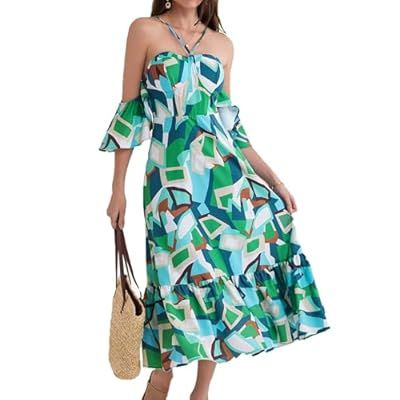 GRACE KARIN Women's 2024 Summer Floral Maxi Dress Smocked Halter Neck Ruffl… | Amazon (US)