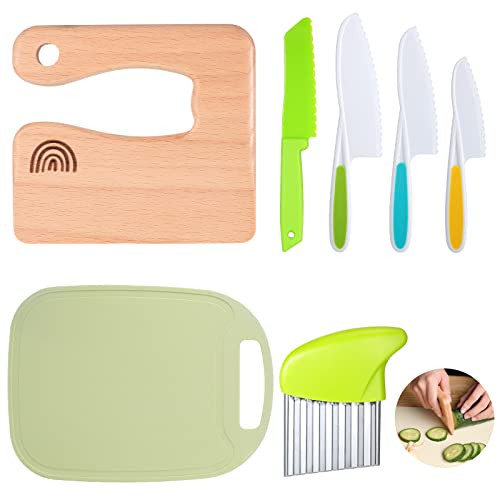 7 Pieces Wood Kids Kitchen Knife Toddler Knife Set Includes Wooden Kids Knife Serrated Edges Plastic | Amazon (US)