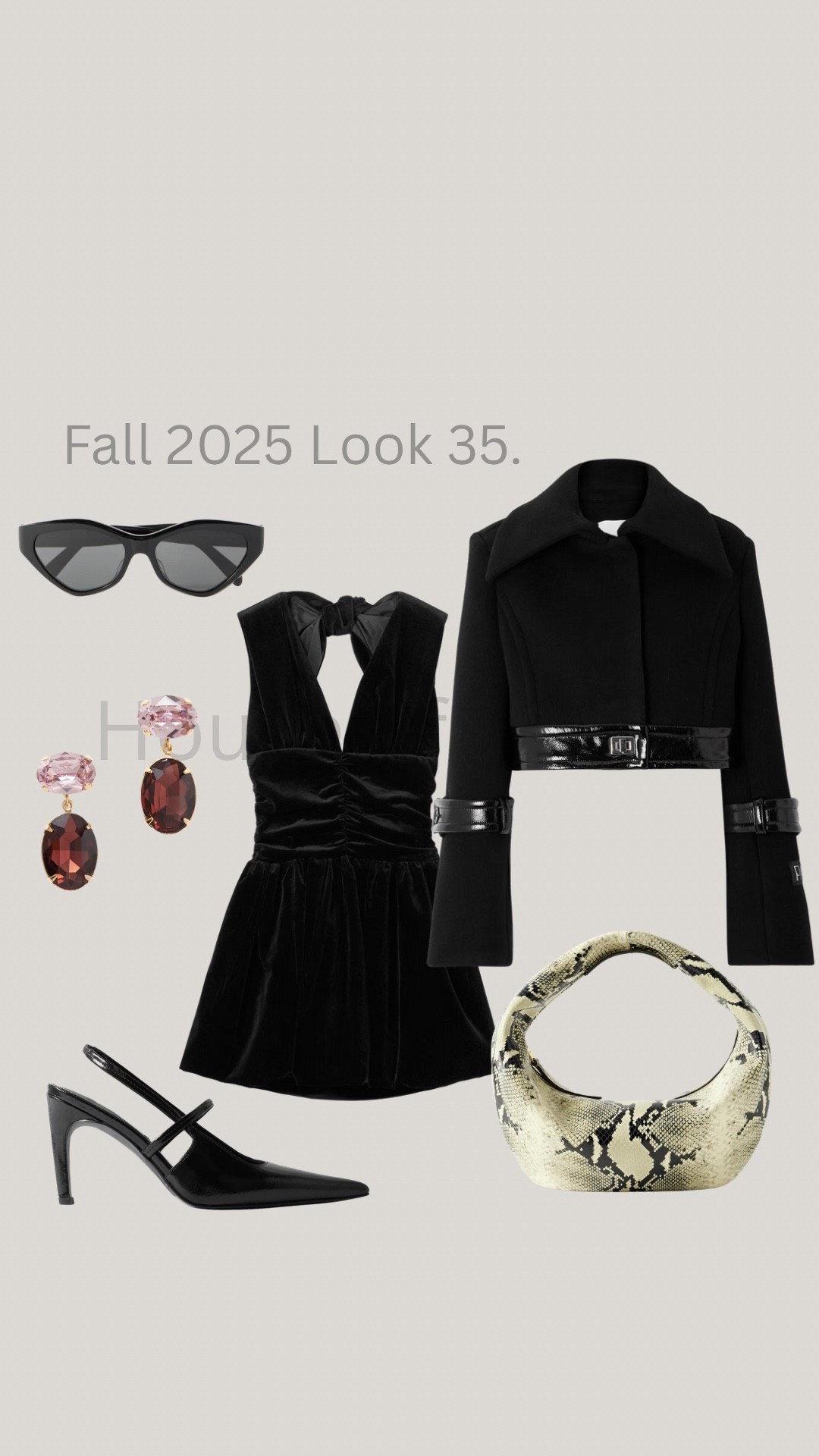Fall 2025 Look 35. 

A black mini open back dress with a matching cropped jacket, sling back patent leather heels, a snakeskin bag, red and pink gold earrings, and black sunglasses. A sharp evening look built on contrast, texture, and quiet confidence.

Patou
Khaite
Totem 
Celiene 






quiet luxury winter outfits, elevated winter wardrobe essentials, neutral winter outfit ideas, chic cold-weather layering, minimalist winter capsule wardrobe, holiday outfit inspiration for women, festive but minimal holiday style, what to wear to a holiday party, chic New Year’s Eve outfit ideas, holiday gift ideas for her, luxury gifts for her that feel personal, fall-to-winter outfit inspiration, leather pants outfit ideas for winter, timeless coat and boot pairings, winter outfits for everyday elegance

#LTKgrwm #LTKootd #LTKOver40