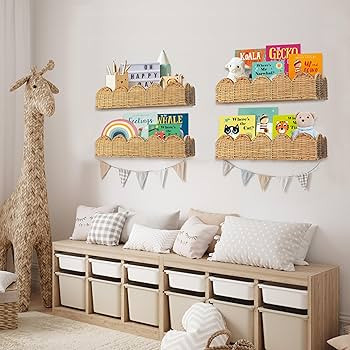 Nursery Book Shelves Set of 2 - Artisanal Natural Rattan Scalloped Book Shelf for Kids Rooms 15.8... | Amazon (US)