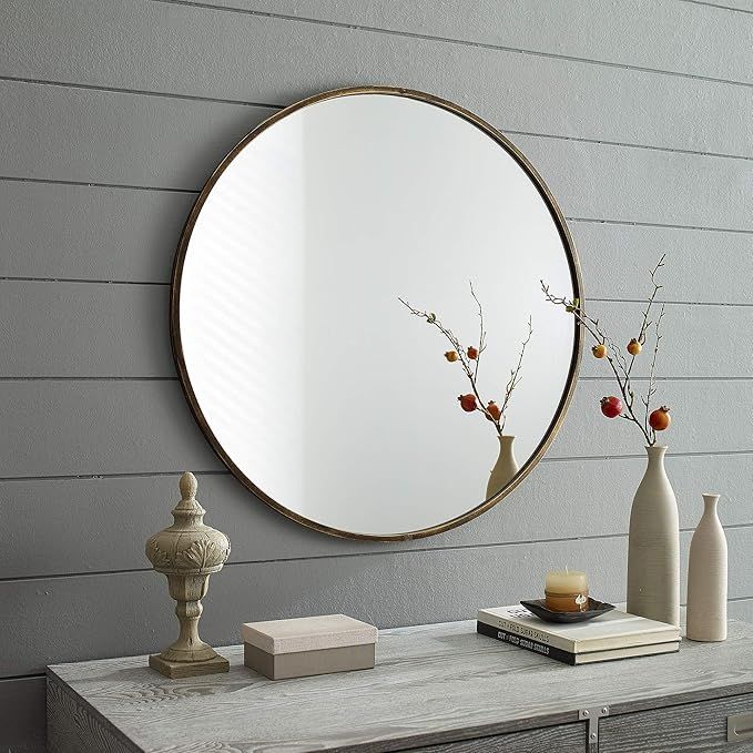 Walker Edison Round Metal Framed Wall Mirror, Antique Brass | Amazon (US)