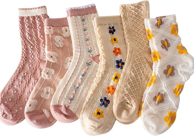 SZTLKHH Peilin&yao Floral Socks Set of 6 Pairs Pack Women 6Pieces Cute Flower Geometric 3D Textur... | Amazon (US)