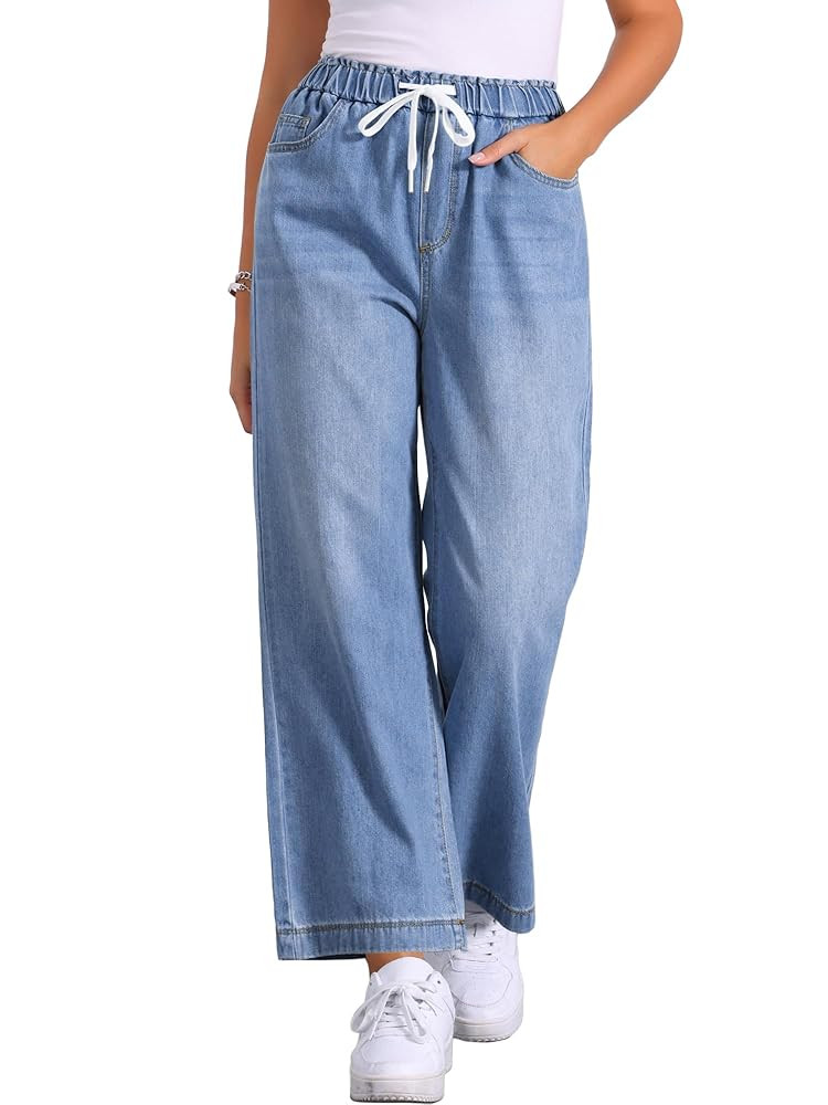 Allegra K Casual Denim Pants for Women's Baggy Drawstring 2025 Trendy Elastic Waist Wide Legs Jea... | Amazon (US)