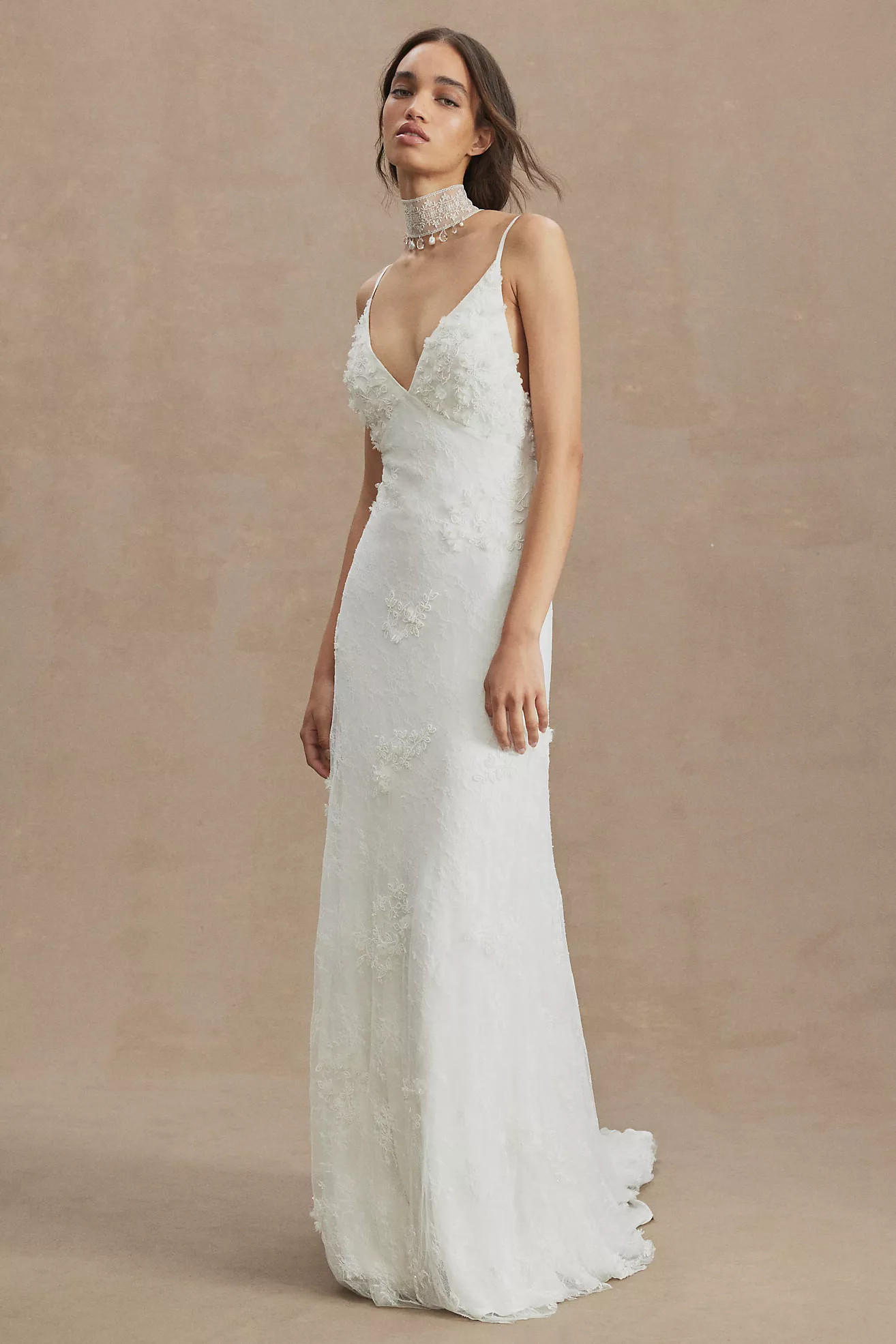 BHLDN Meadow V-Neck Floral Appliqué Sheath Wedding Gown | Anthropologie (US)