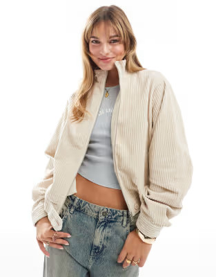ASOS DESIGN funnel neck cord jacket in cream | ASOS (Global)