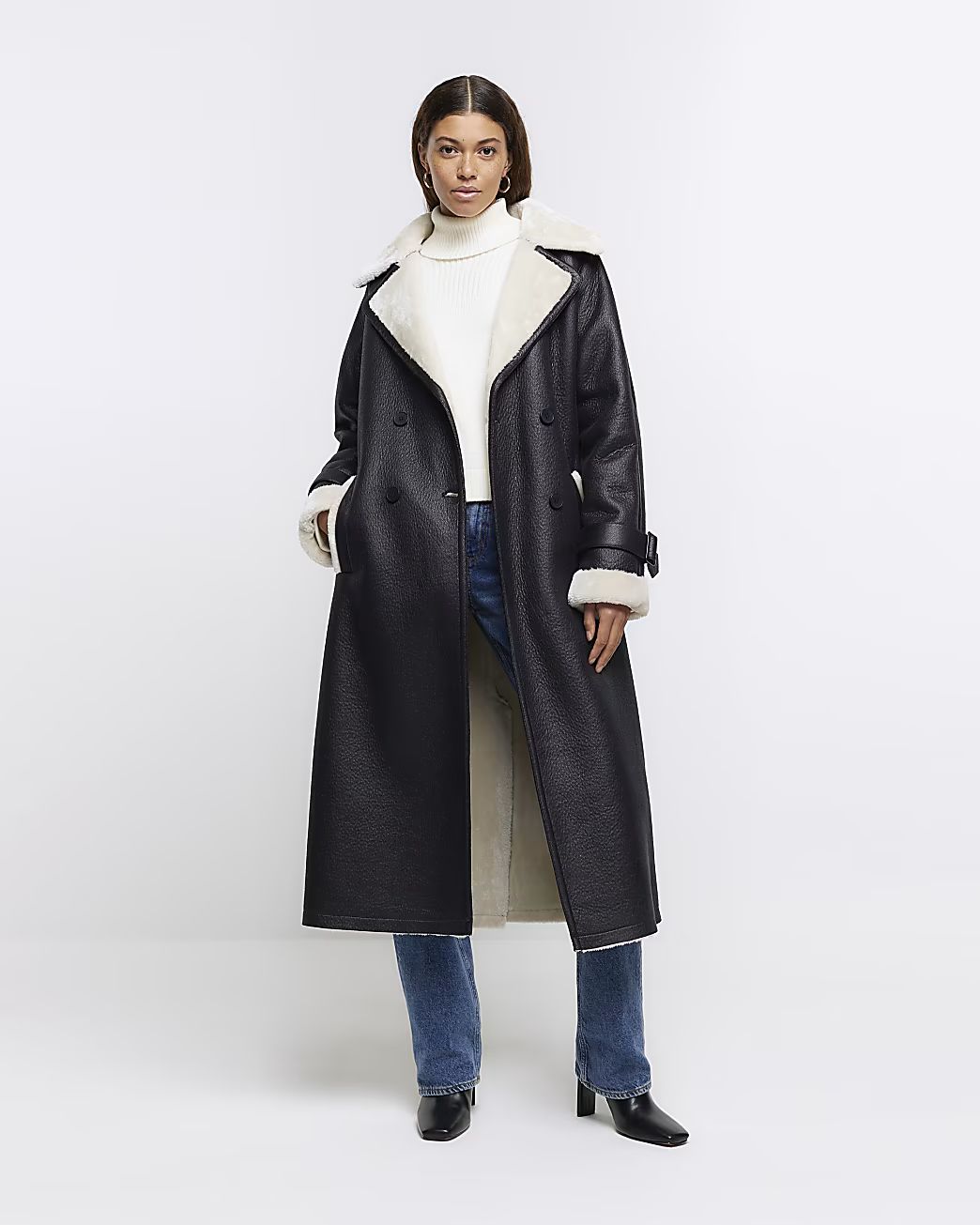Black belted shearling trench coat | River Island (UK & IE)