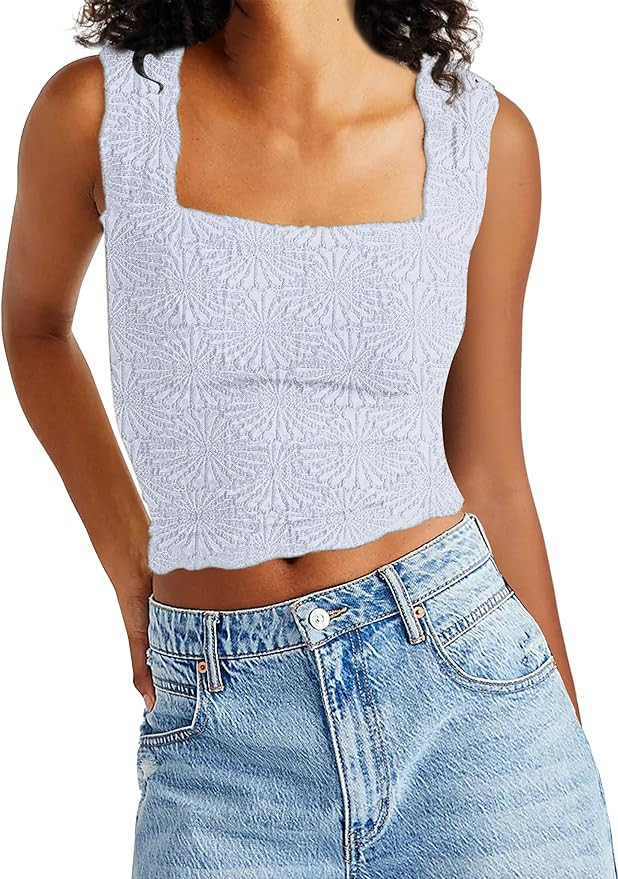 MISSACTIVER Women Square Neck Wide Straps Crop Tank Tops Casual Floral Sleeveless Lettuce Trim Sl... | Amazon (US)