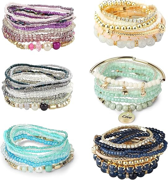 LOYALLOOK 6 Sets Bohemian Stackable Bead Bracelets for Women Stretch Bohemian Style Stretch Multi... | Amazon (US)