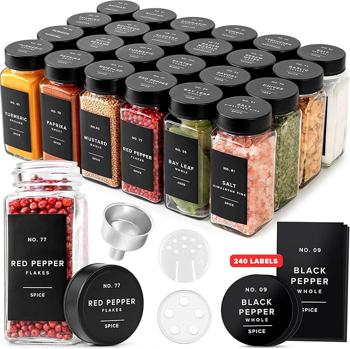 Glass Spice Jars with Label and Black Lids (24 x 4oz) Spice Containers with 240 Labels, Shaker In... | Amazon (US)