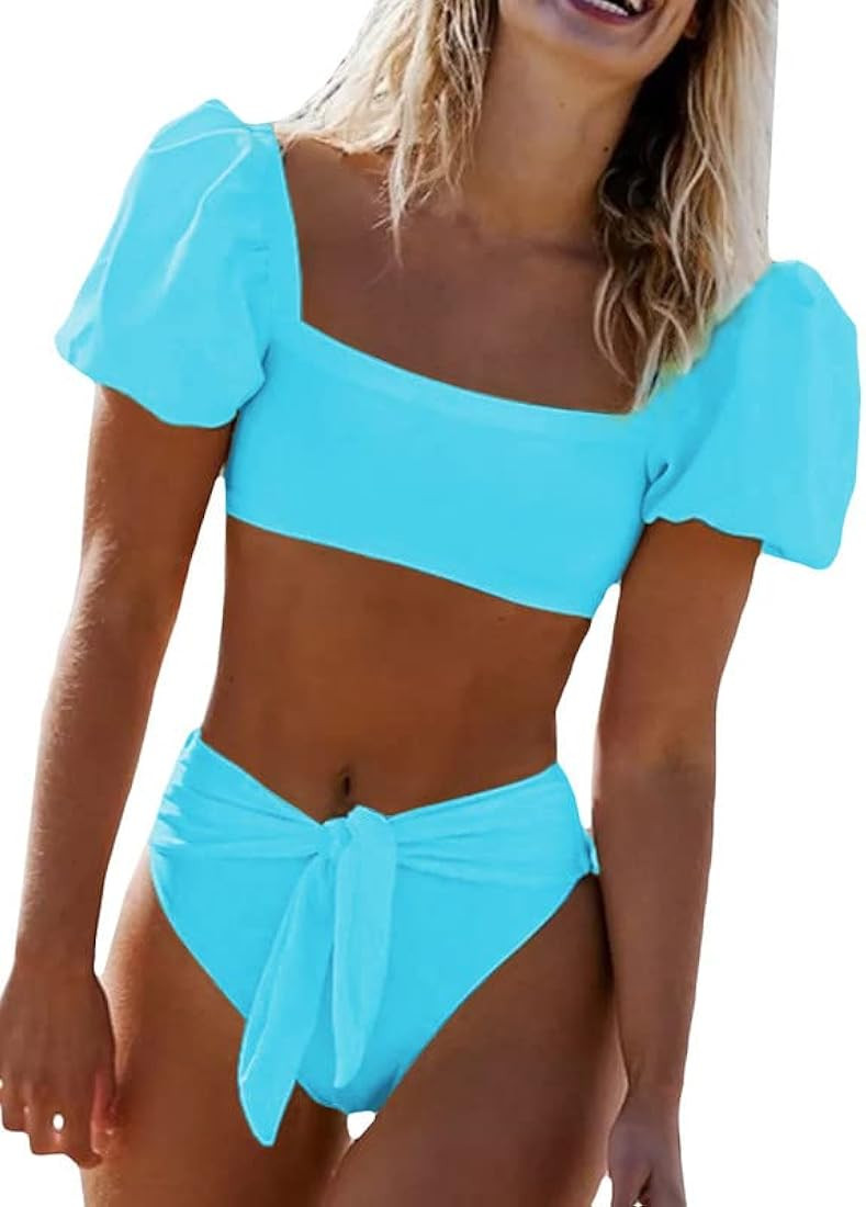 Dokotoo Womens 2023 Cute Solid Bubble Sleeves High Waisted Two Piece Bikini Swimsuit | Amazon (US)