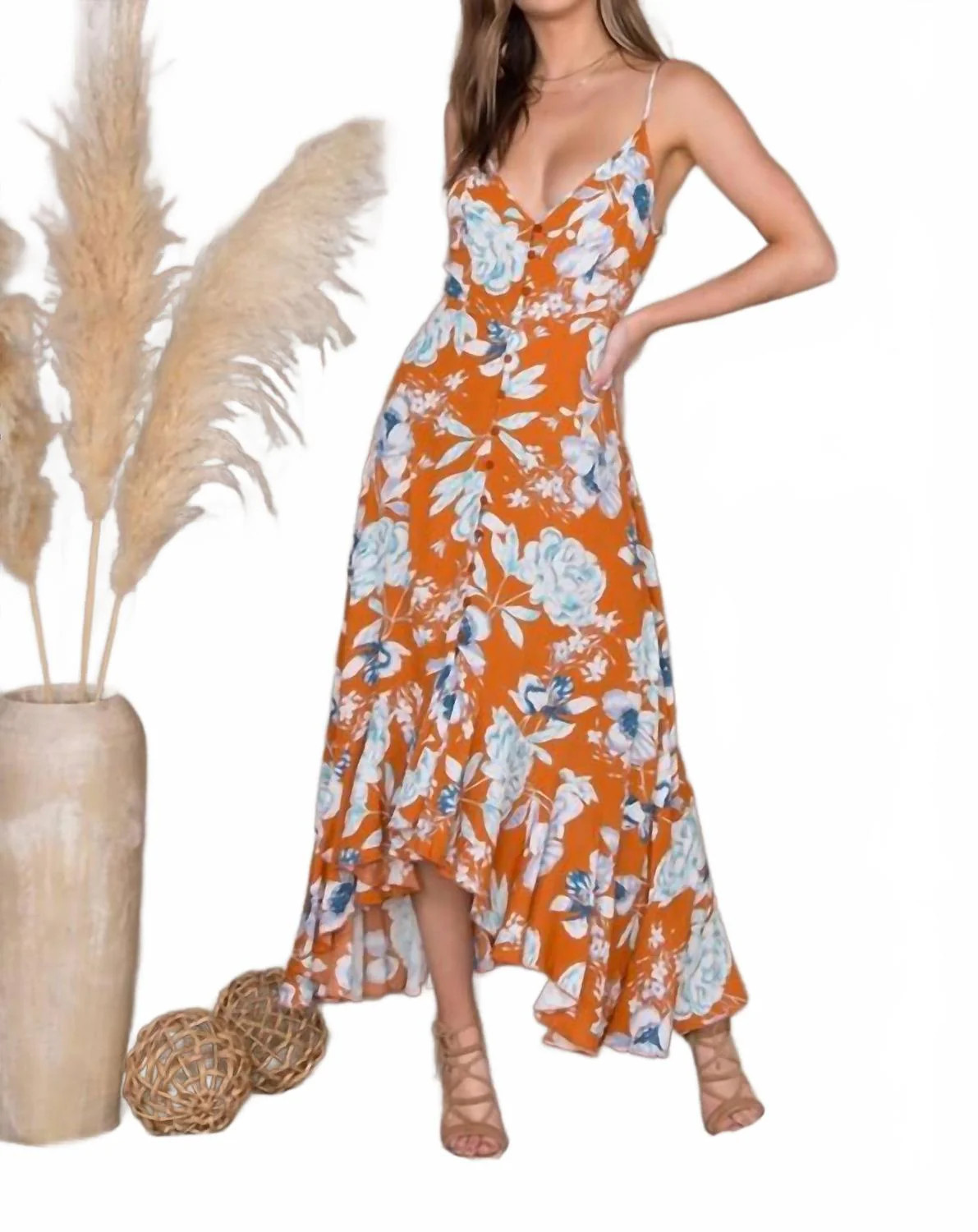 Women's Floral Print Maxi Dress In Orange | Shop Simon