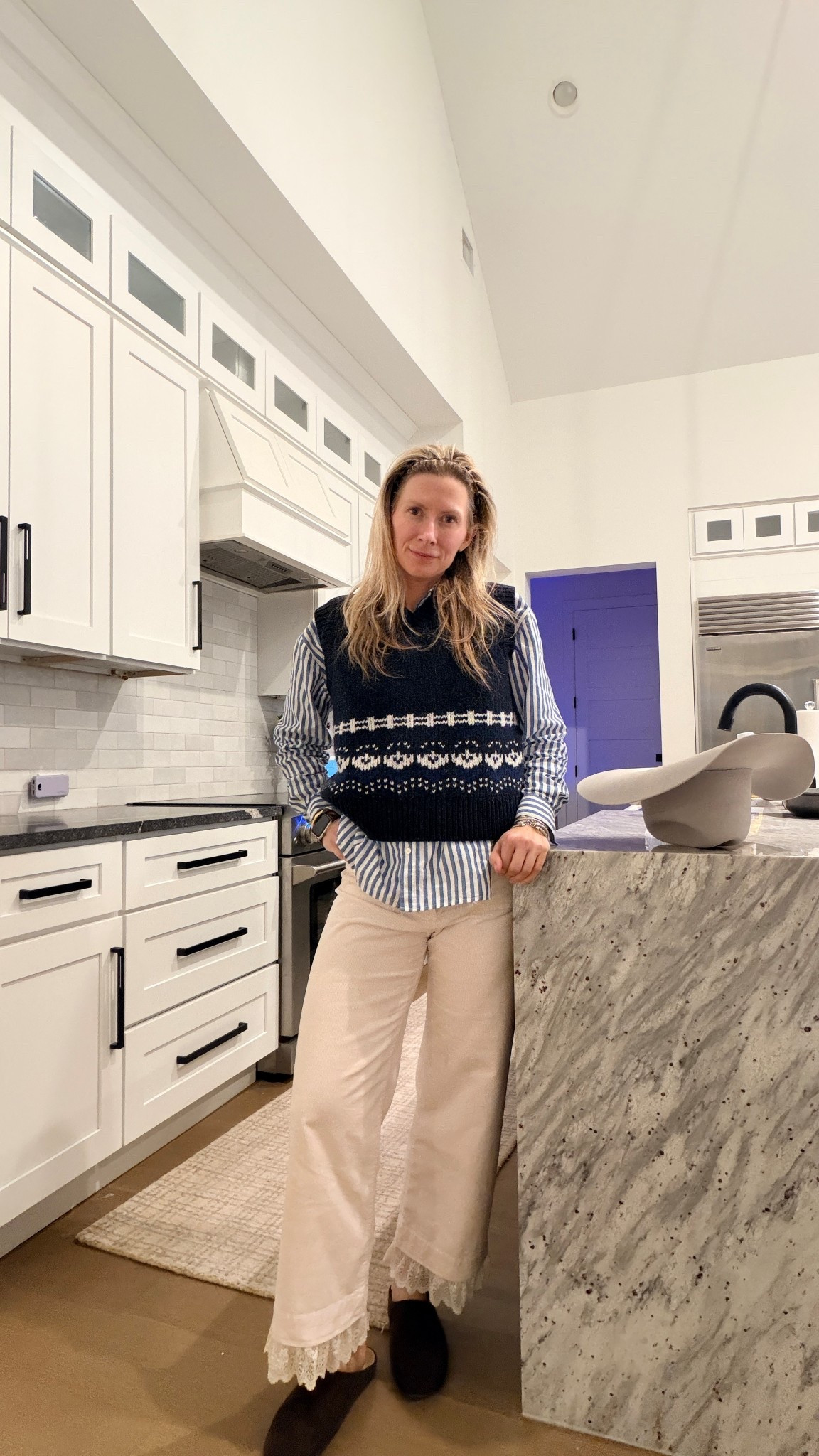 Winter look with Sézane tomboy shirt, Maeve corduroy pants and a damson madder sweater vest! Plus the row dupe slides from Target! Perfect for a slightly chilly day. 

#LTKmomlife #LTKSaleAlert #LTKootd