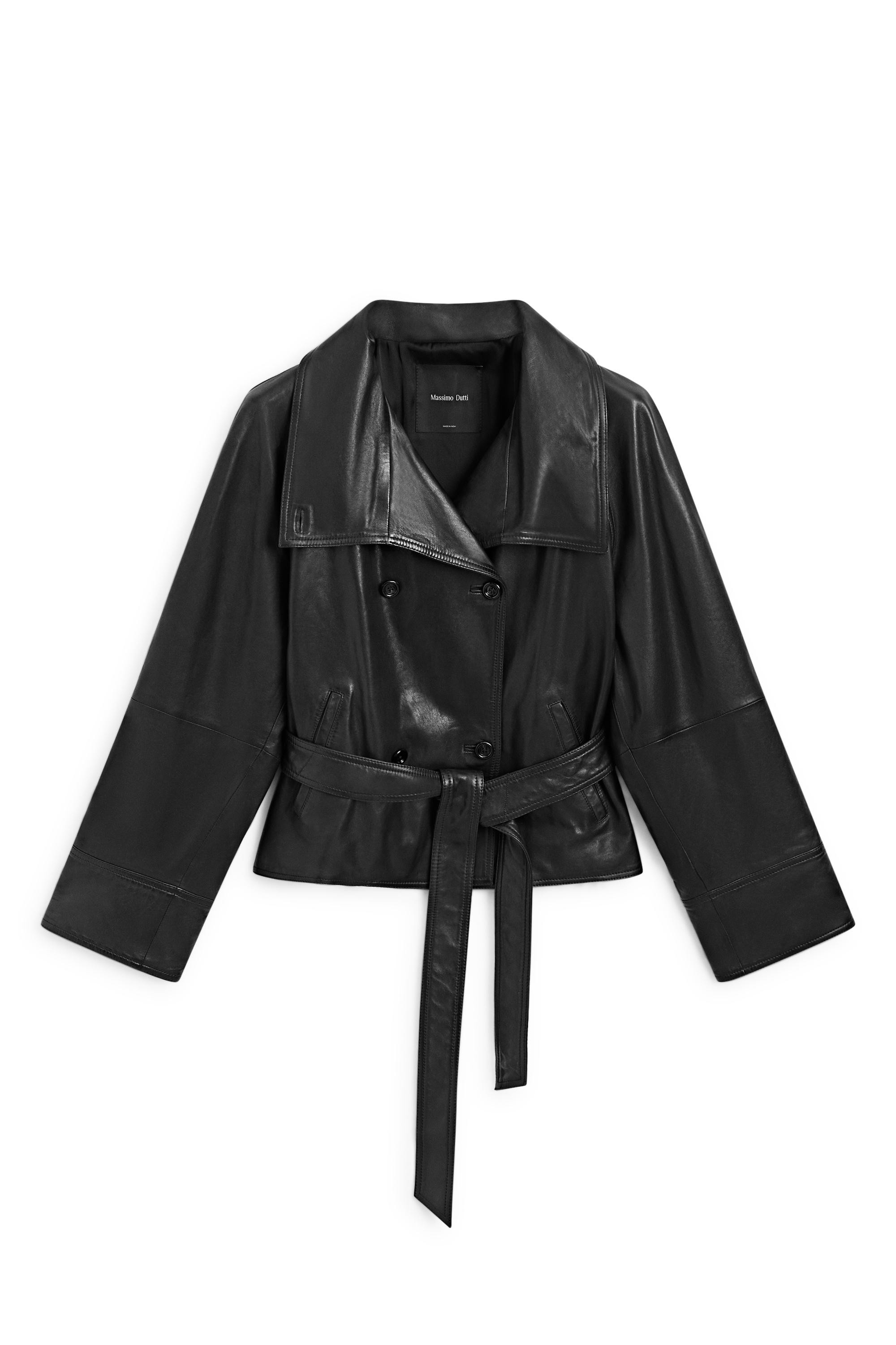 Short high neck leather trench coat - BLACK | Massimo Dutti UK