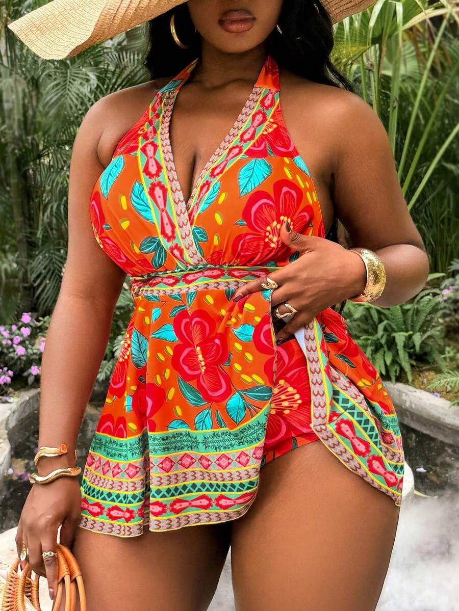 Slaydiva Plus Size Women's 2-Piece Orange Floral Print Swimsuit, 2026 New Arrival Fashionable Vac... | SHEIN
