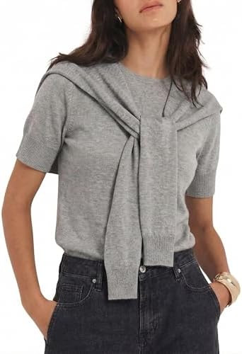 EsheSy Women's Shawl Knit Top Crewneck Short Sleeves Cropped Pullover Trendy Casual Easy to Match... | Amazon (US)