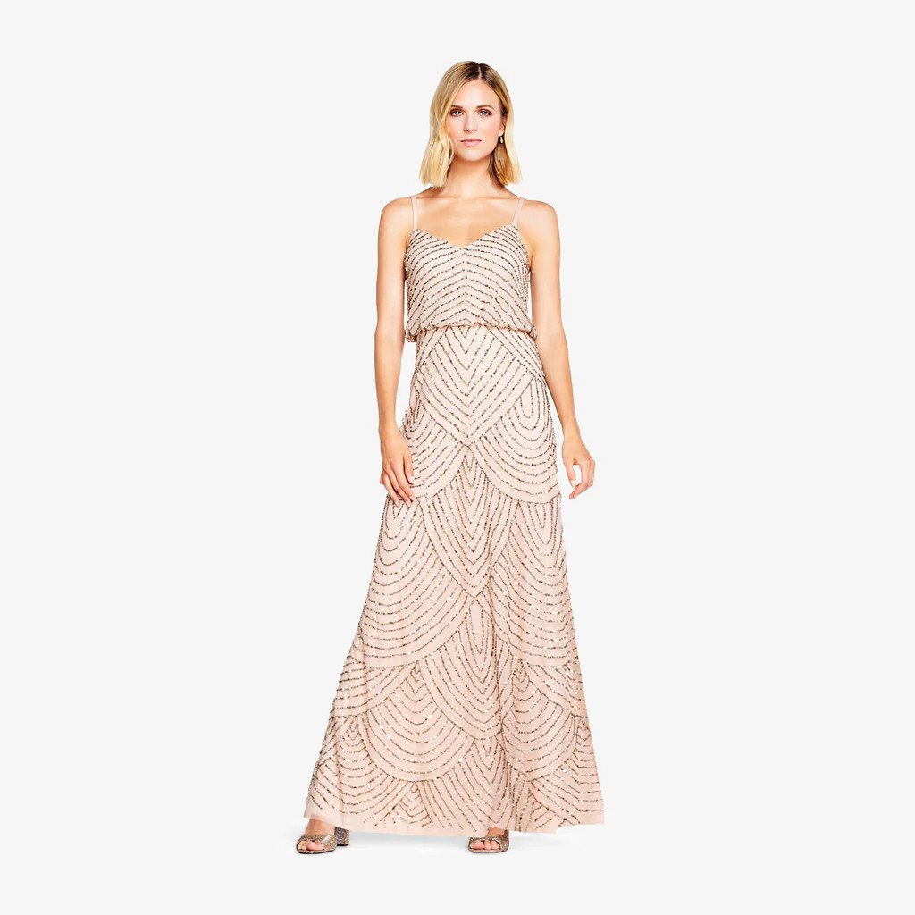 Art Deco Beaded Blouson Gown In Taupe Pink | Adrianna Papell