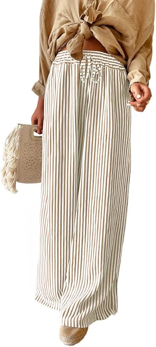 Acelitt Women Casual Drawstring Elastic Waist Striped Wide Leg Pants with Pockets, S-XXL | Amazon (US)