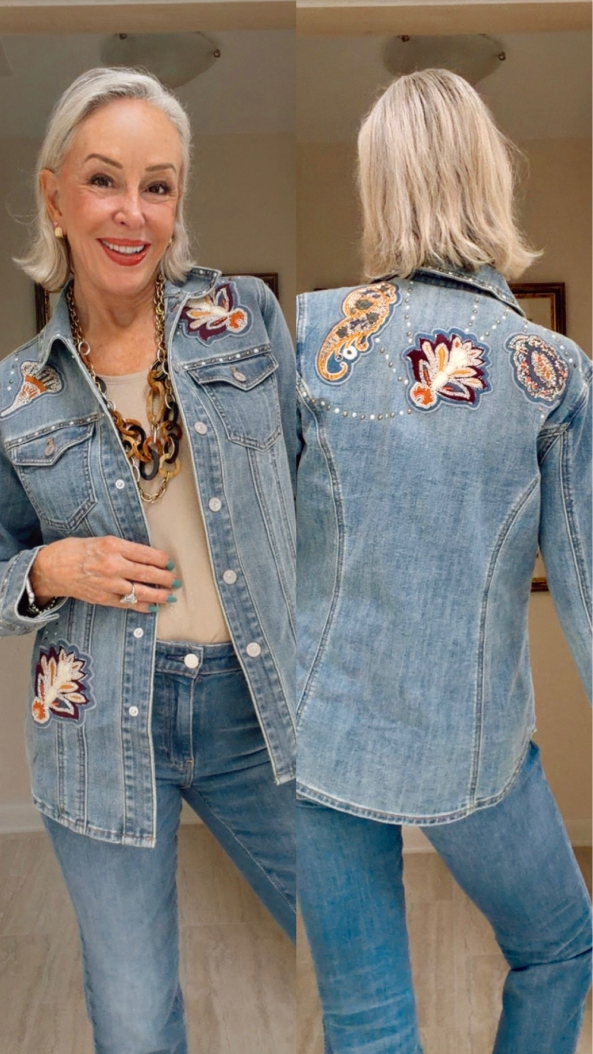 Rendered in soft-stretch, decorated denim with classic jean shirt styling, this Embellished Denim Jacket can be worn as a jacket or shirt. Made with a clean finish shirttail hem, two front patch pockets, and easy to wear snap button closure.
Microfiber tank
Convertible chunky, statement tortoise necklace

#LTKOver40 #LTKgrwm #LTKSeasonal