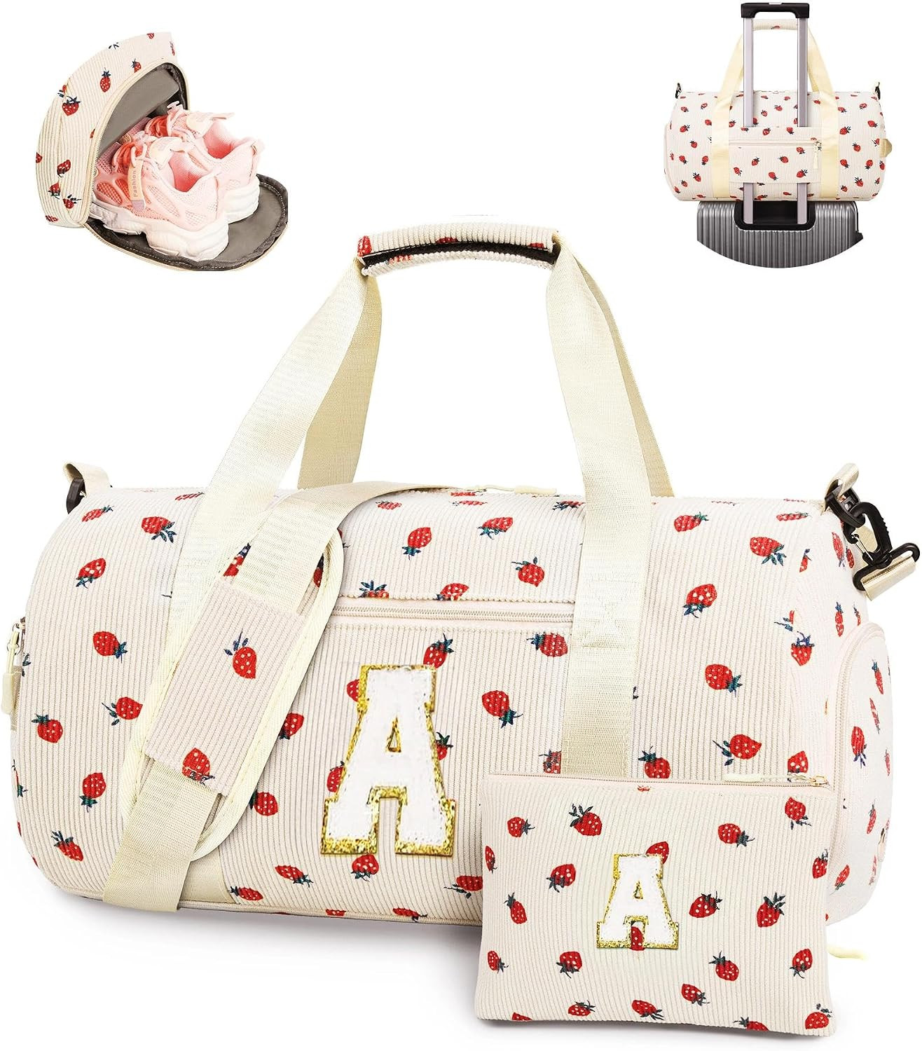 WOOMADA Kids Duffle Bag with Shoe Compartment, Cute Dance Gymnastics Cheer Ballet Overnight Sleepover Weekend Bag, Birthday Gifts for 4 5 6 7 8 9 10 11 12 13 Year Old Tween Teen Girls（beige-A） | Amazon (US)