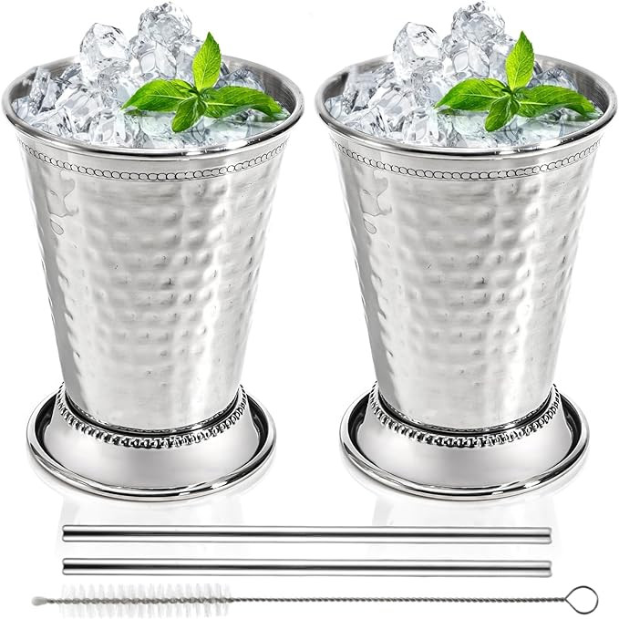 Peohud Set of 2 Mint Julep Cups, 12 Oz Hammered Stainless Steel Drinking Glasses with Straws, Sil... | Amazon (US)