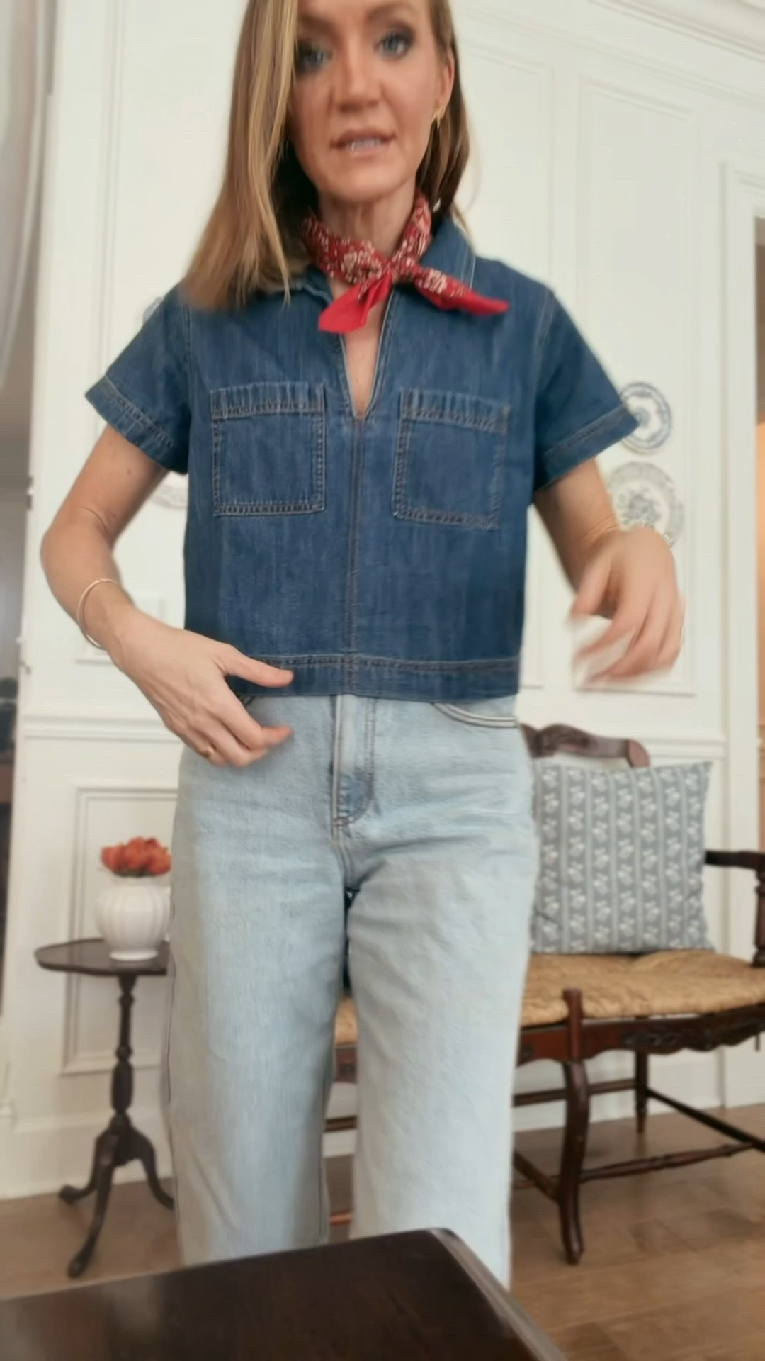 Old navy popover top on sale! So so cute. Wearing the Xs. Jeans are true to size. If in between, size up!