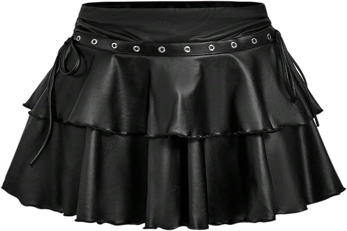 Milumia Women's PU Leather Layered Mini Skirt Y2k Ruffle Goth Short Skirts | Amazon (US)