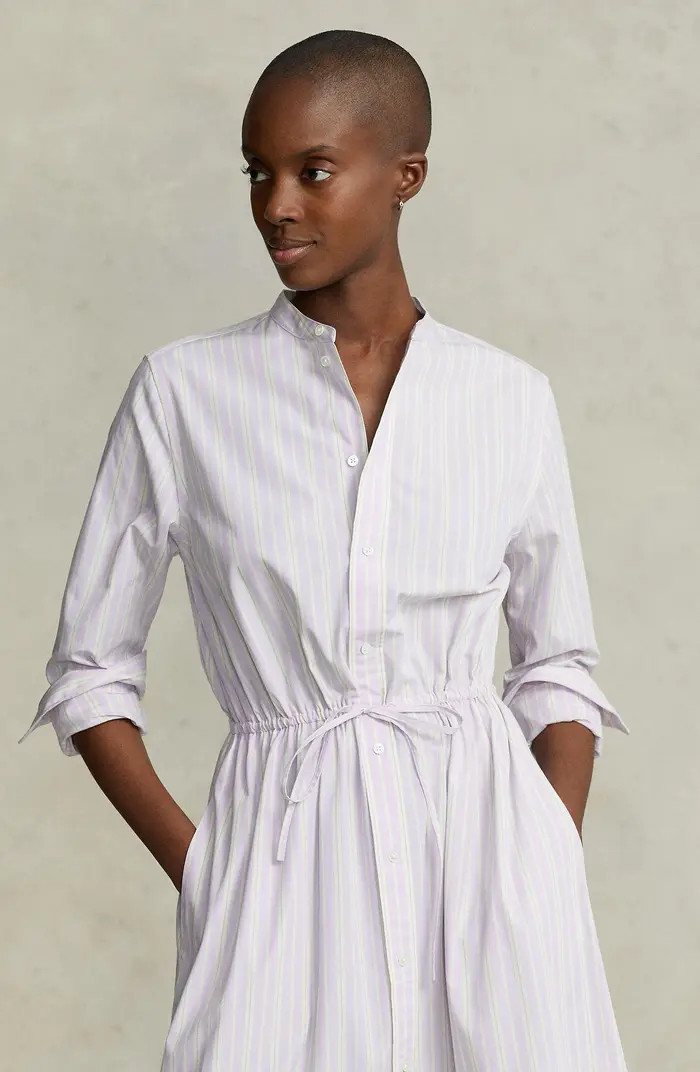 Stripe Pleated Hem Long Sleeve Cotton Blend Shirtdress | Nordstrom
