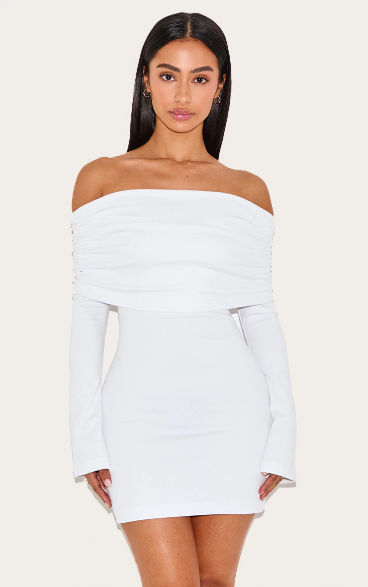 Petite White Foldover Bandeau Long Sleeve Mini Dress | PrettyLittleThing US