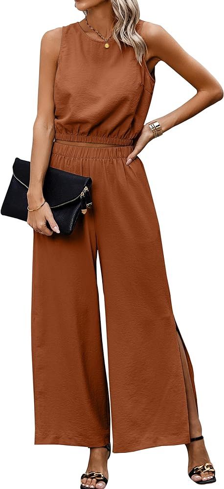 AOVDE Women's 2 Piece Outfits - Summer Sleeveless Tank Crop Top Slit Wide Leg Pants Lounge Matchi... | Amazon (US)