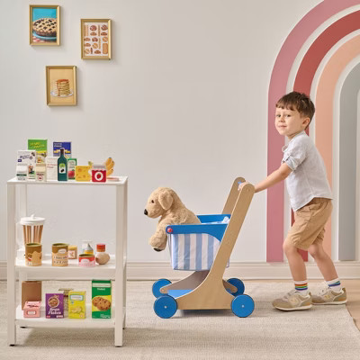 Teamson Kids Little Helper Mr. Fresh Wooden Shopping Cart with 13 Food Accessories & Turning Wheels, Blue | Target