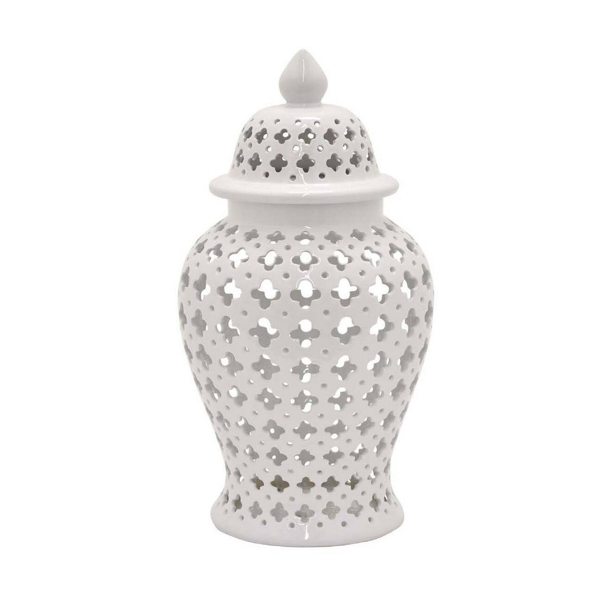 24 Inch Temple Ginger Jar, Ceramic White Carved Lattice Design with Lid | Bed Bath & Beyond